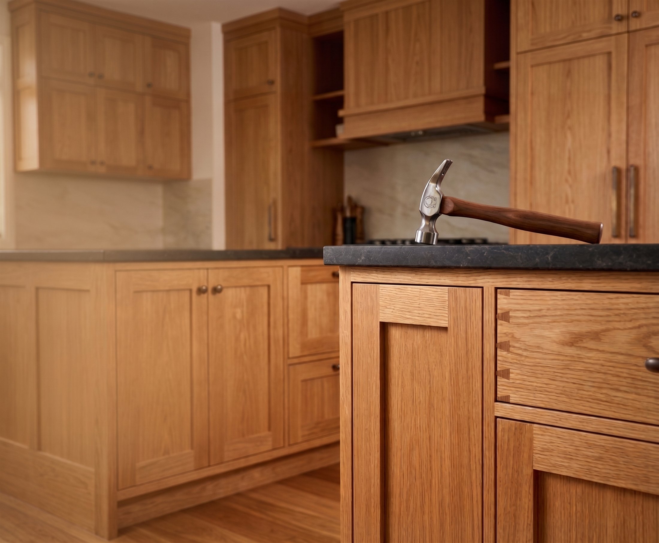 Completed timber kitchen cabinetry and stone benchtop